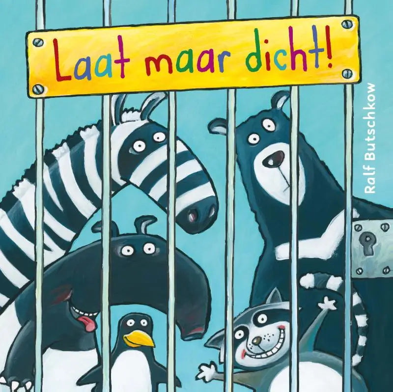 Geel bord met kleurrijke letters laat maar dicht boven cartoon dierentuinverblijf voor jonge lezers