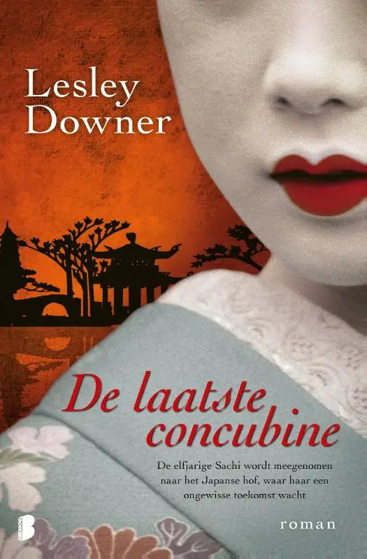 Vrouwelijk gezicht met felle rode lippen en kimono in blauwgroene tinten symboliseert elfjarige sachi en ongewisse toekomst wacht in laatste concubine
