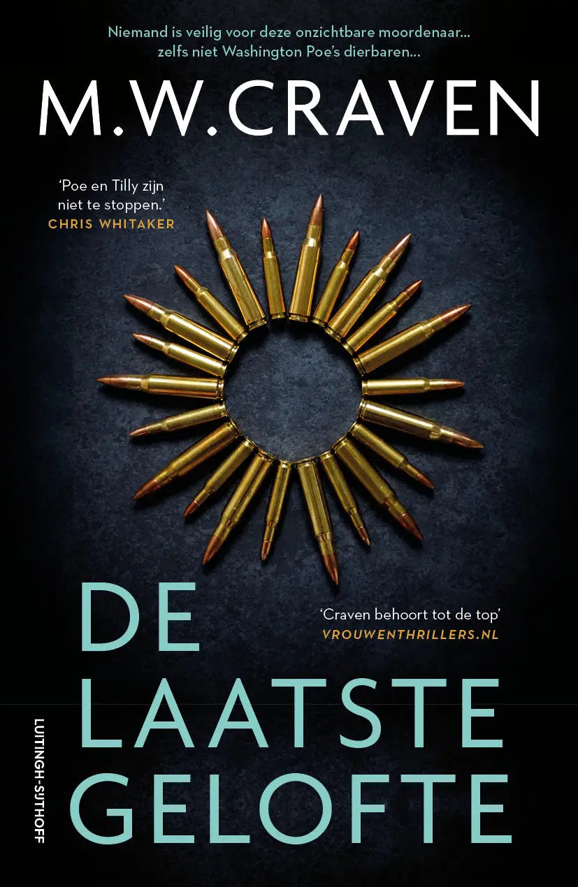Boekcover van laatste gelofte met gouden kogels in cirkelvormig zonnestraalpatroon washington poe en tilly bradshaw