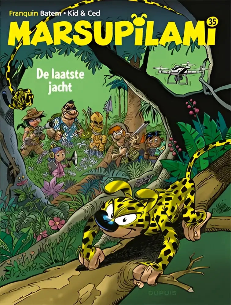 Gele en zwarte gevlekte leopardachtige figuur met blauwe goggles op een tak uit graphic novel laatste jacht
