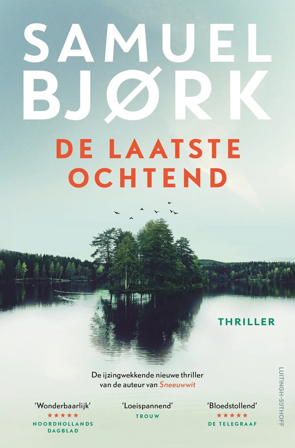 De laatste ochtend door samuel bjork toont een serene merenlandschap met vliegende vogels, uitgegeven door luitingh sijthoff