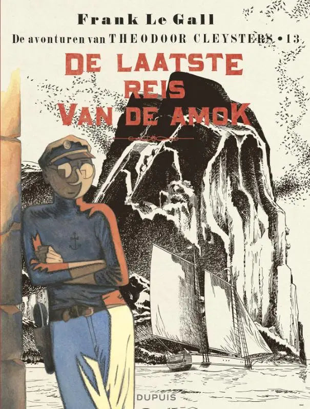 Cover van frank le gall strip de laatste reis met cartoonzeeman in blauw-oranje voor zwart-witte klif en zeilboot