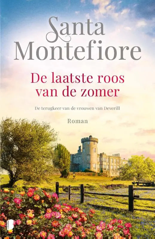 De boekcover van de laatste roos van de zomer toont een stenen kasteel met roze en oranje rozen tegen een gouden lucht