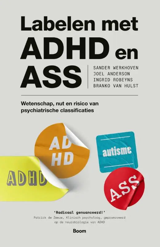 Boekcover van labelen met adhd en ass met kleurrijke stickers en tekst over psychiatrische classificaties