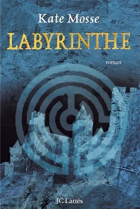 De boekomslag van Labyrinthe door Kate Mosse toont een steenachtig blauwgrijs labyrintontwerp