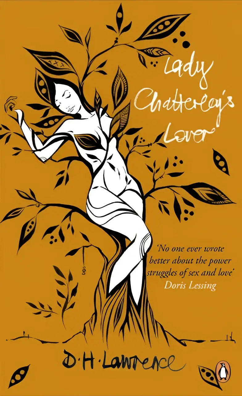 Een gestileerde witte illustratie van lady constance chatterley met bladeren en takken op oranje achtergrond voor lady chatterleys lover