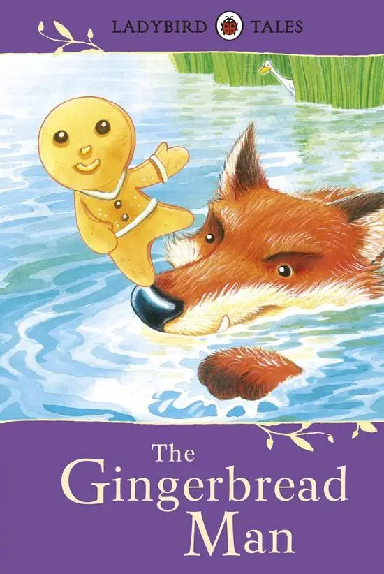 De gingerbread man in ladybird tales is een gouden, glimlachend koekfiguur met witte glazuurdetails en knoopdecoraties