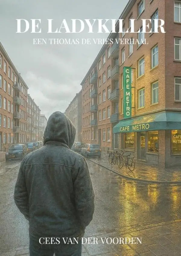 Een donker capuchonjasje gedragen door een persoon op een natte stadsstraat in de vries verhaal de ladykiller