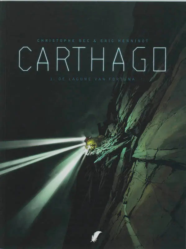Donkergroen en zwart geïllustreerde strip algemeen boekcover carthago met gele figuur in rotsachtige kloof