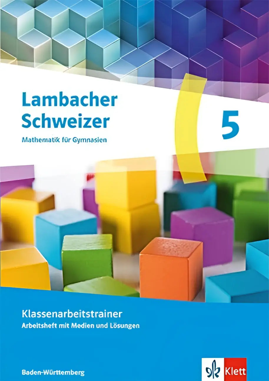 Lambacher schweizer mathematik 5 werkboek voor gymnasium met kleurrijke geometrische blokken en klett logo cover