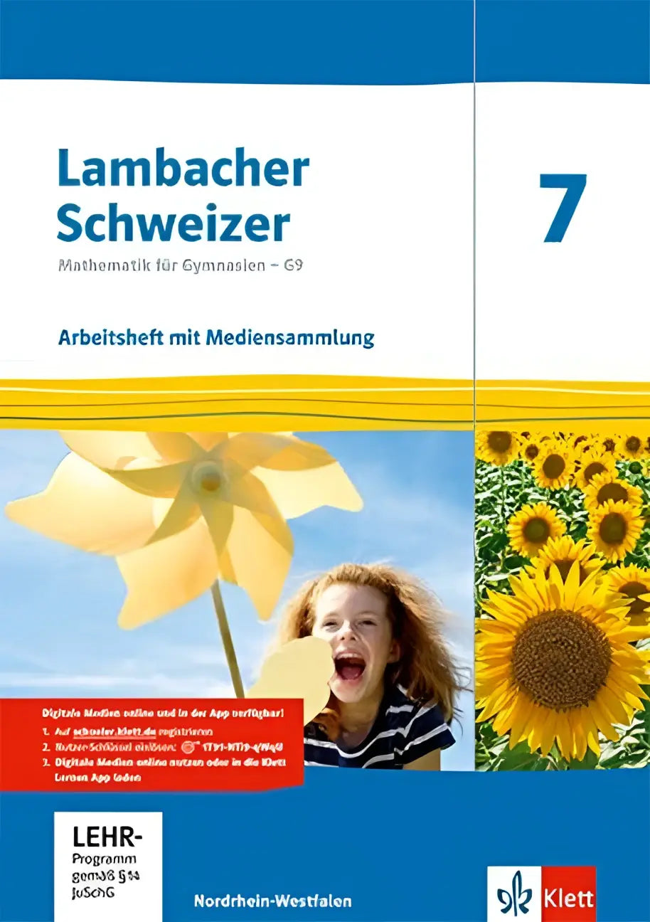 Lambacher schweizer mathematik 7 werkboek met blauwgele omslag en zonnebloemen voor gymnasium leerlingen