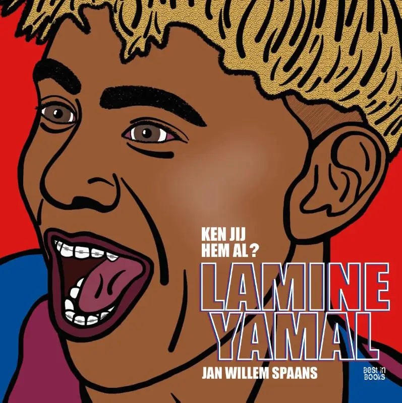 Vibrante comicstijl boekomslag van lamine yamal met gouden haar en expressieve ogen op rode achtergrond