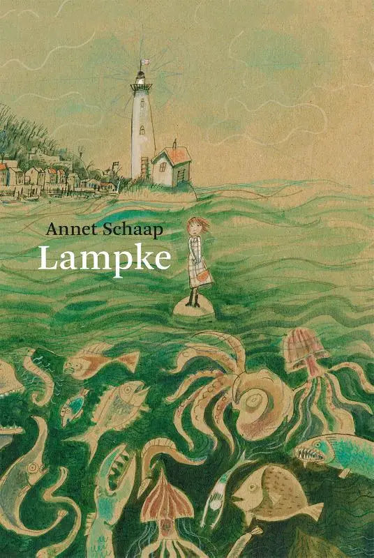 De boekcover van lampke toont een vuurtorenillustratie op een rots met een groene achtergrond voor jonge lezers