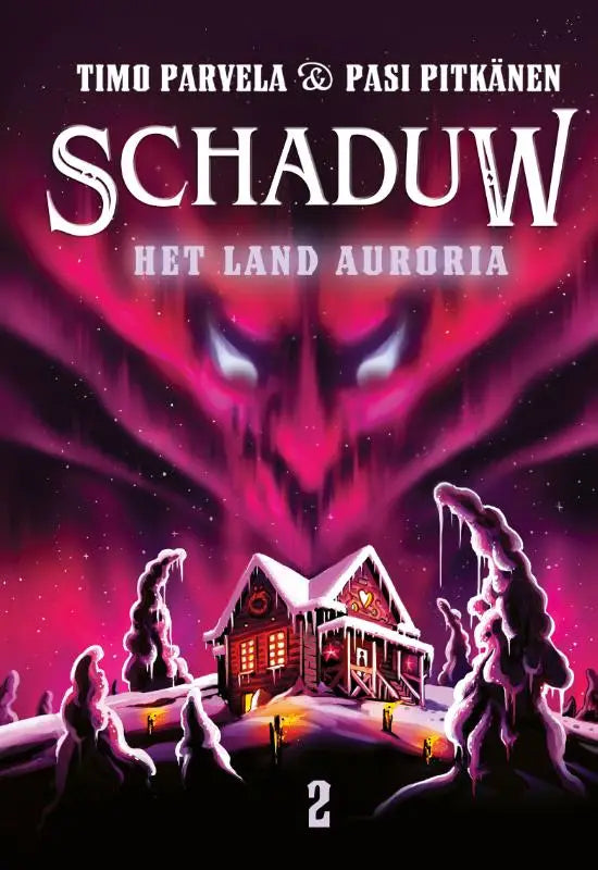De cover van het stripboek schaduw het land auroria toont een sneeuwbedekt huis met gloeiende ramen onder een dreigende roze en paarse lucht gericht op jonge lezers