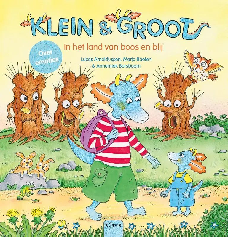 Blauwe draak personage in rood wit gestreept shirt en groene broek voor jonge lezers in het land van boos en blij