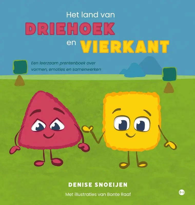 Cover van een leerzaam prentenboek voor jonge lezers met een roze driehoek en een gele vierkant karakter