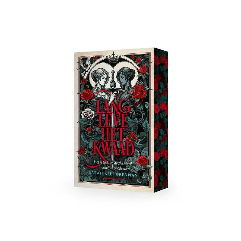 Lang leve het kwaad boek met donkere, sierlijke omslag en illustraties van vrouwen en rozen door sarah rees brennan