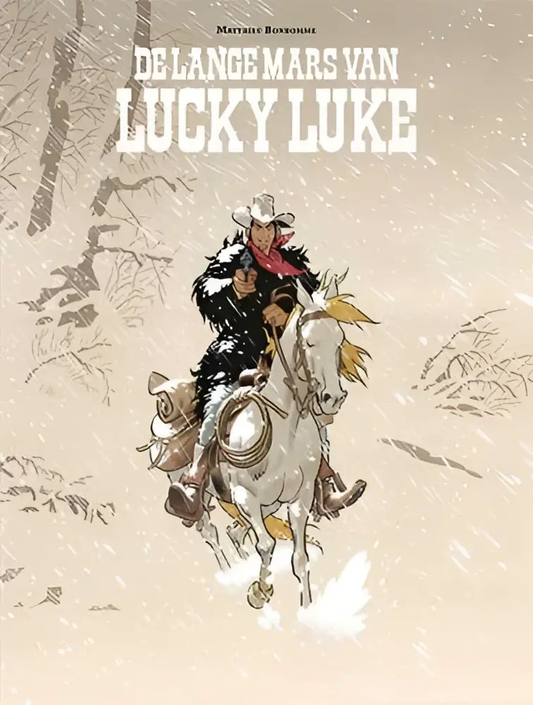 De lange mars van lucky luke comic cover toont een zwartwit cowboy met witte hoed en rode sjaal te paard in sneeuw