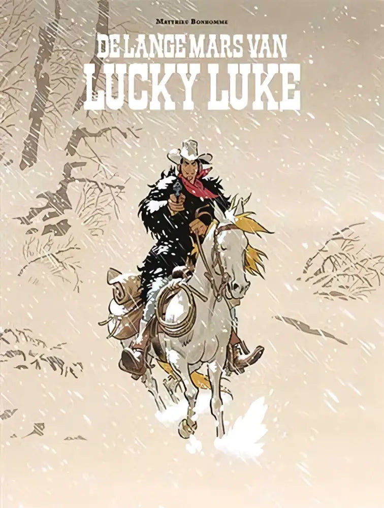 Een gestileerde illustratie van lucky luke te paard in de sneeuw uit De lange mars van Lucky Luke door Matthieu Bonhomme