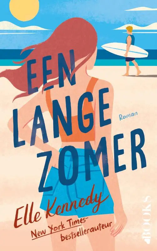 Een vibrante illustratie van een boekcover van lange zomer avalon bay met een vrouw met rood haar op het strand
