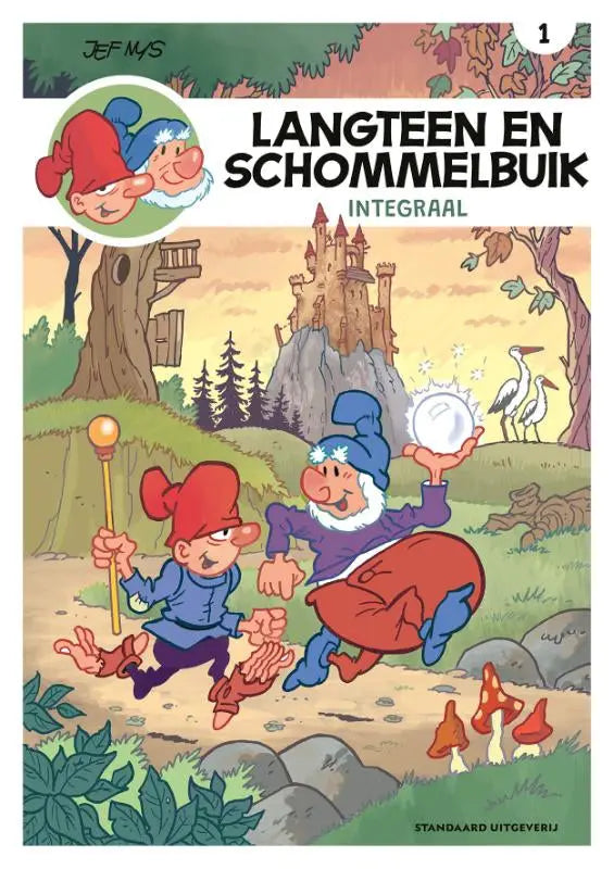 De cover van het stripboek langteen en schommelbuik van jef nys toont twee kleurrijke dwergen in een bos nabij een kasteel