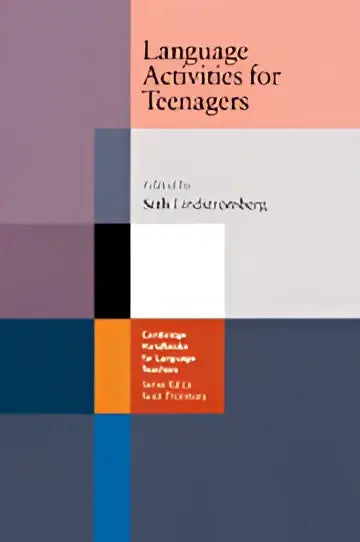 Het boek taalactiviteiten voor tieners heeft een modern geometrisch ontwerp met gedempte paarse, perzikkleurige en blauwe blokken