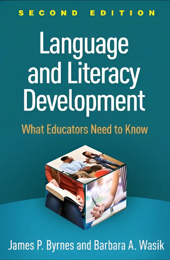 De boekomslag van language and literacy development toont drie mensen rond open boeken op een teal achtergrond