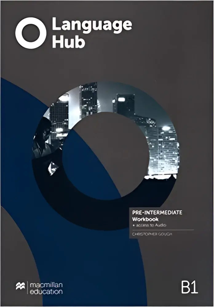 Language hub pre-intermediate workbook b1 level met modern blauw-grijs ontwerp en nachtelijke stadsgezichten