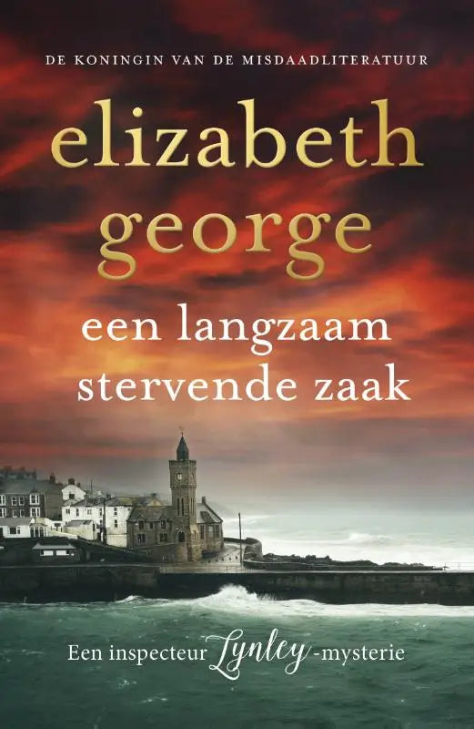 De boekcover van langzaam stervende zaak toont een dramatische rode en oranje lucht boven een kustplaats met kerk