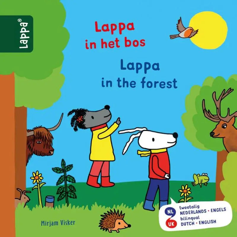 Cover van het meertalige prentenboek lappa in het bos met kleurrijke tekenfilmfiguren en een heldere blauwe lucht