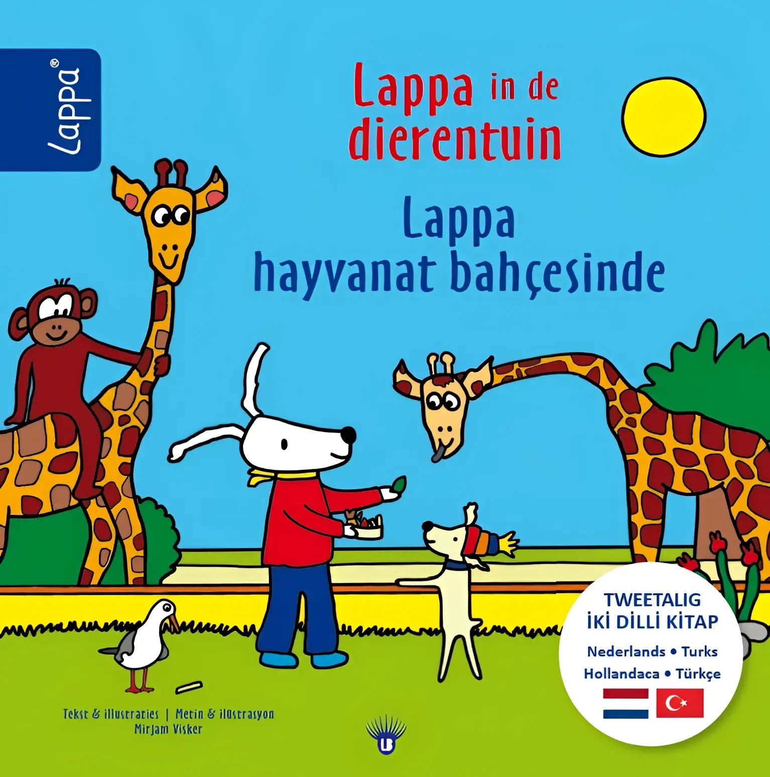 Bright geïllustreerd kinderboek van mirjam visker met cartoon dieren onder een zonnige blauwe lucht titled lappa in de dierentuin
