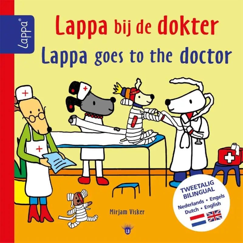 Cover van een tweetalig kleuterboek lappa bij de dokter met cartoonhonden in een dokterspraktijkillustratie