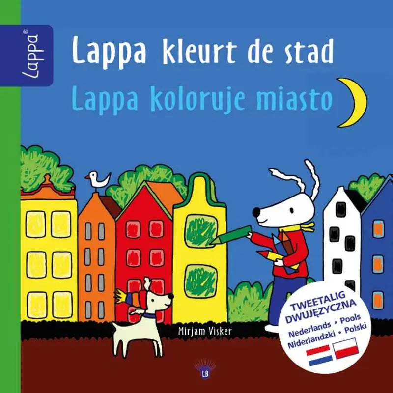 Kleurrijk kleuterboek lappa kleurt de stad met cartoonhond en groene krijt onder blauwe lucht en levendige gebouwen