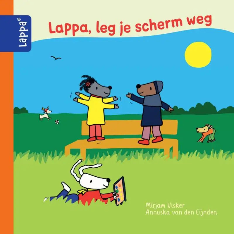 Kinderboekcover met cartoonhonden in een park en titel lappa leg je scherm weg van uitgever lappä zichtbaar