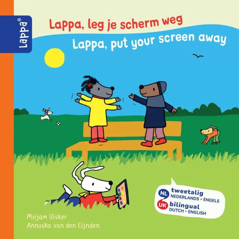 Bilinguaal kinderboek cover met cartoonhonden die buiten spelen onder de zon met de titel lappa leg je scherm weg put your screen away