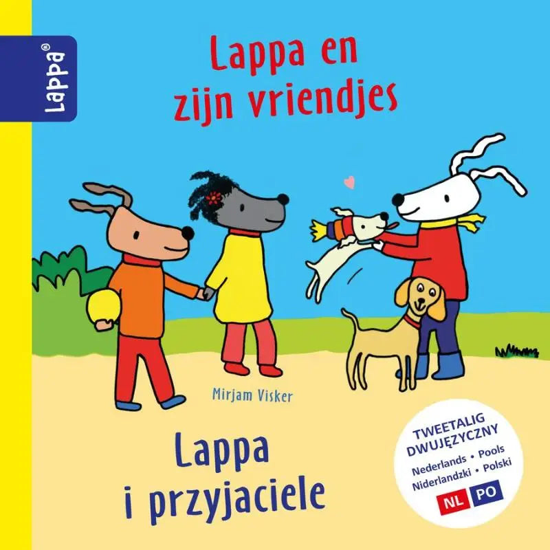 Bright gekleurd kleuterboeklapa en zijn vriendjes met cartoon honden in een vrolijke buitenscène meertalig nl-pools