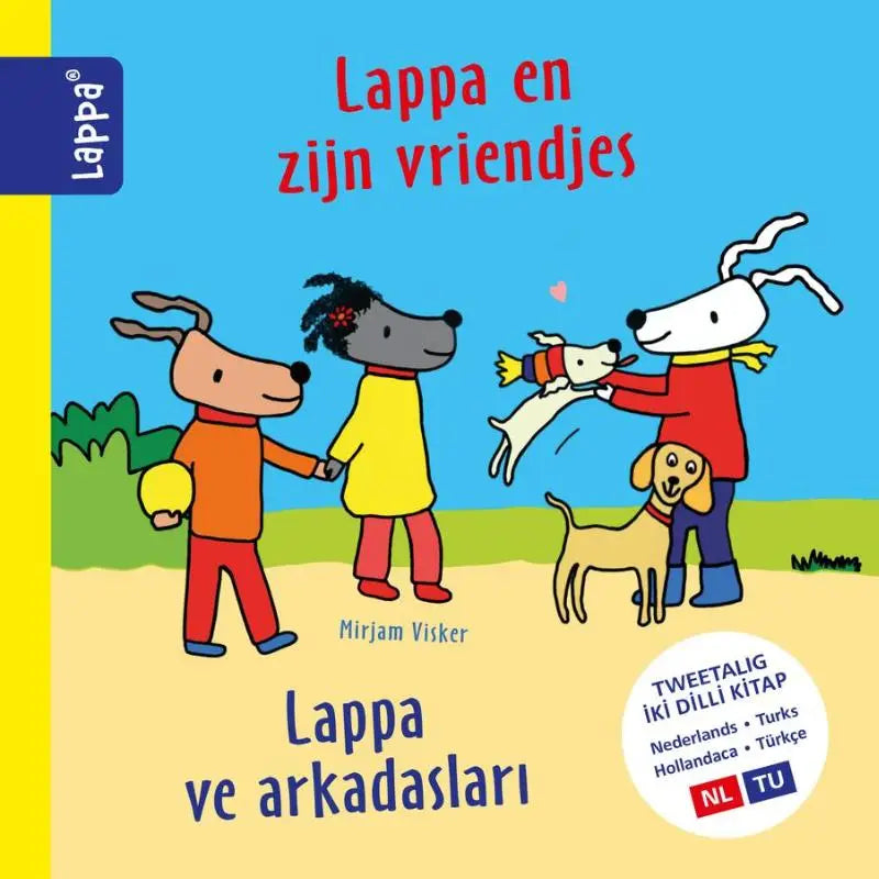 Bright kleurrijk geïllustreerd kleuterboek met cartoonhonden in vrolijke outfits tegen een blauwe en gele achtergrond