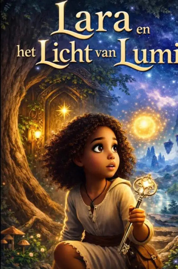 Een jonge lezeres met een magisch avontuur houdt een lichtgevende zilveren sleutel vast in de tuniek