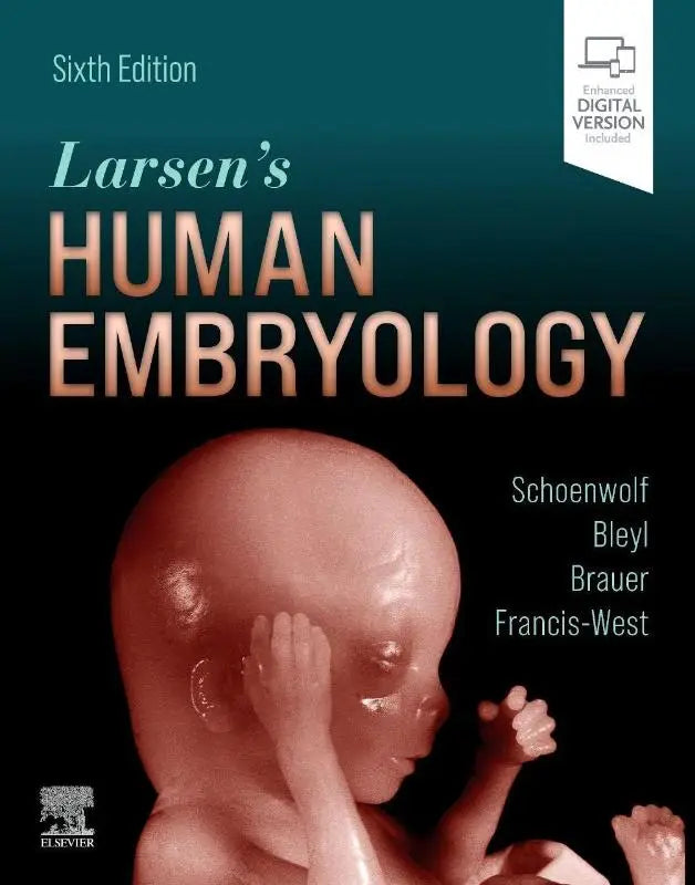 Cover van de zesde editie van larsens human embryology met een doorschijnend roodroze embryo, doodys core titles, zeer complex onderwerp