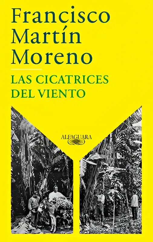 Heldere gele boekomslag met zwart-witfoto’s van mensen in jungle en titel las cicatrices del viento van francisco martín moreno