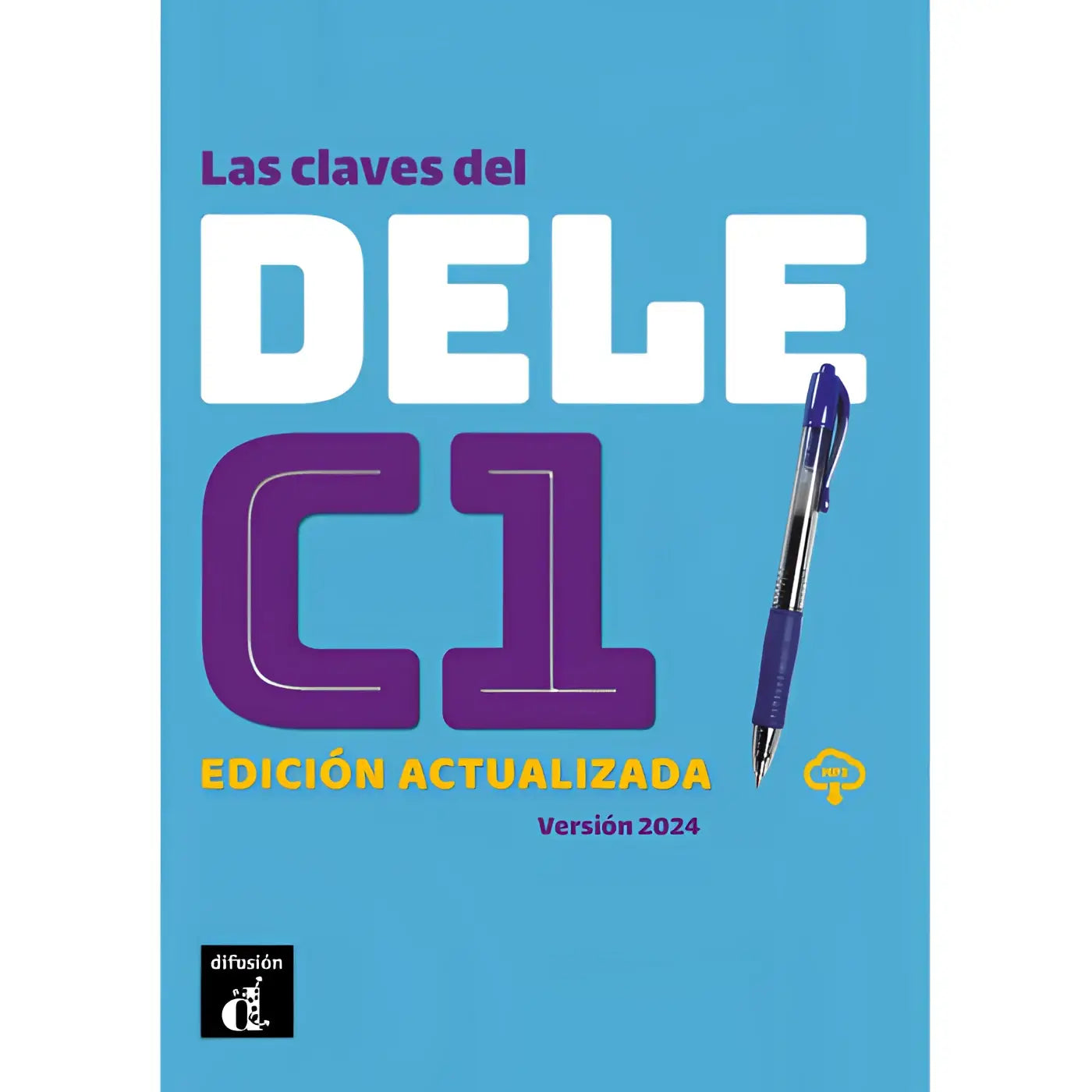 Blauw en paars taalstudieboek las claves del dele c1 met blauwe penillustratie voor del dele examenvoorbereiding