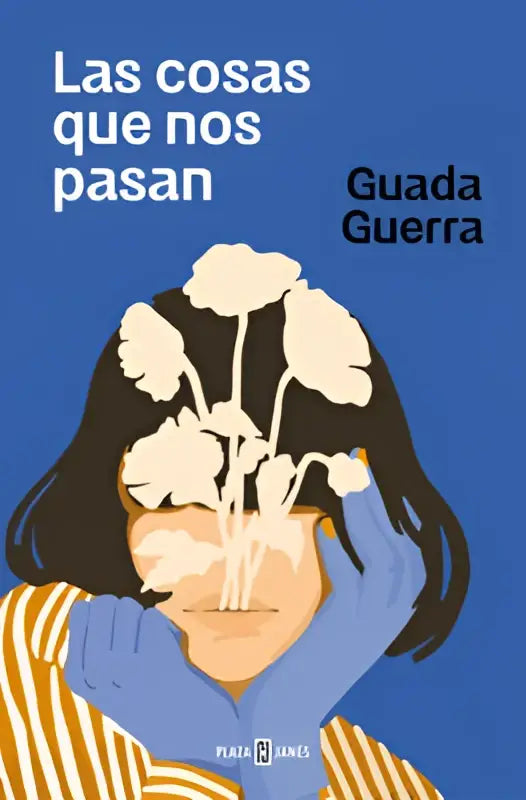 Blauw boek las cosas que met een gestileerde illustratie van een persoon met blauwe handschoenen die witte bloemen vasthoudt