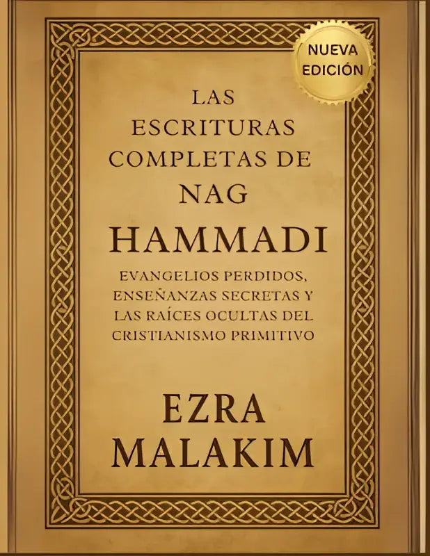 Het boek las escrituras completas van nag hammadi heeft een beige kaft met goudkleurige keltische versieringen