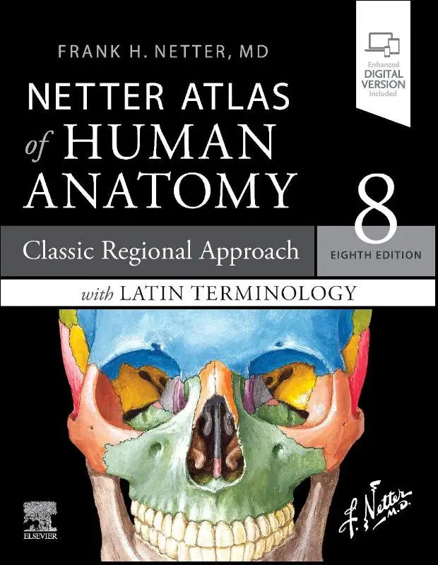 The eighth edition of the netter atlas of human anatomy paperback features a colorful skull illustration with latin terminology