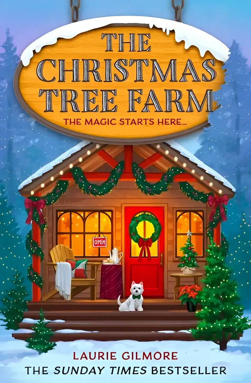 Houten ovaal bord met sneeuwbedekte randen en tekst the christmas tree farm als onderdeel van laurie gilmore dream harbor complete dream harbor-serie