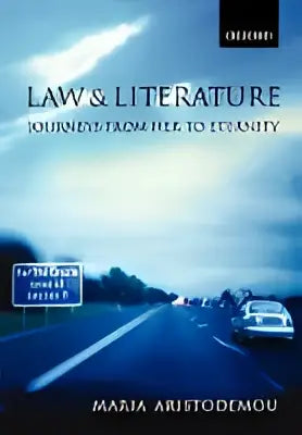 Boekcover van law and literature journeys from here to eternity door maria aristodemou met donkerblauw en zwart ontwerp