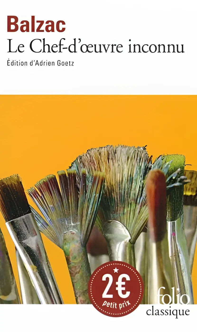 Een collectie verfkwasten met metalen handvatten en gekleurde haren tegen een oranje achtergrond le chef-dœuvre inconnu