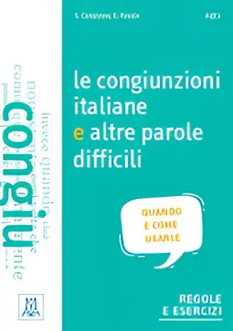 Tealkleurig italiaans grammatica boek met witte tekst en een spraakballon ontwerp over congiunzioni italiane en parole difficili