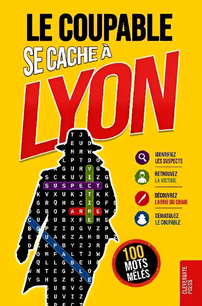 De cover toont een zwarte silhouet van een detective met hoed en een woordzoeker voor volwassenen met het woord suspect