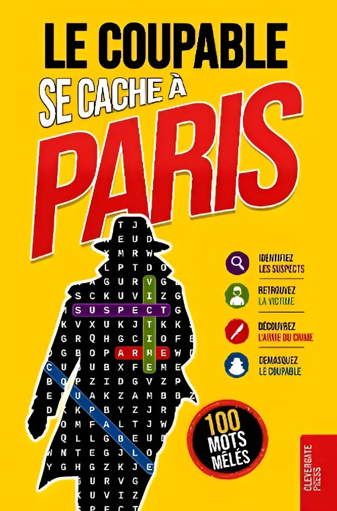 Een levendige gele boekcover met een zwarte detective-silhouette voor een woordenboek voor volwassenen voor mêlés